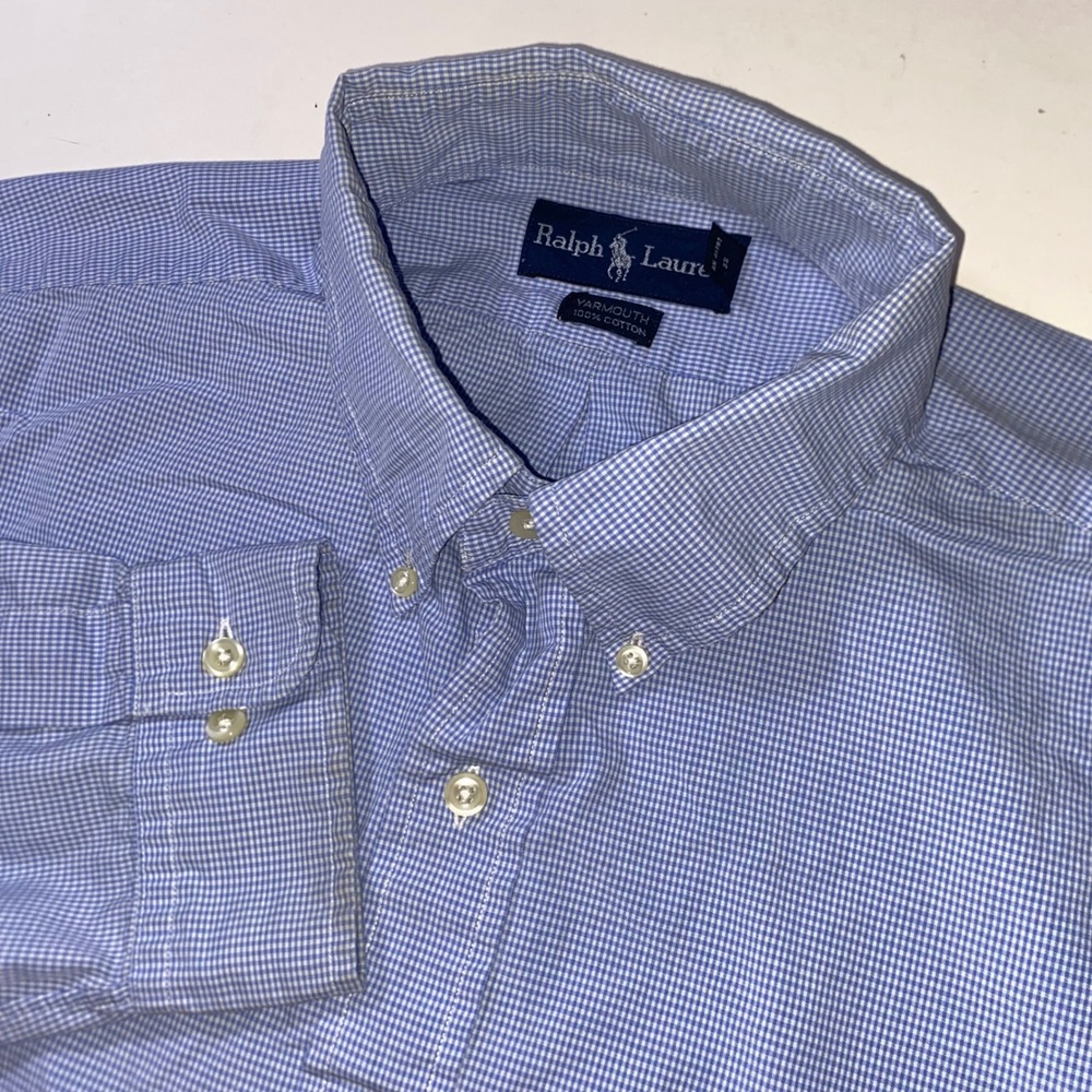 Ralph Lauren Yarmouth Mens 17 34/35 Blue Gingham Button Down Cotton Shirt E218